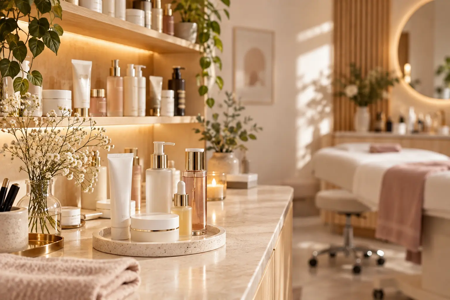 Přehledně vystavené produkty domácí péče na pultu v kosmetickém salonu