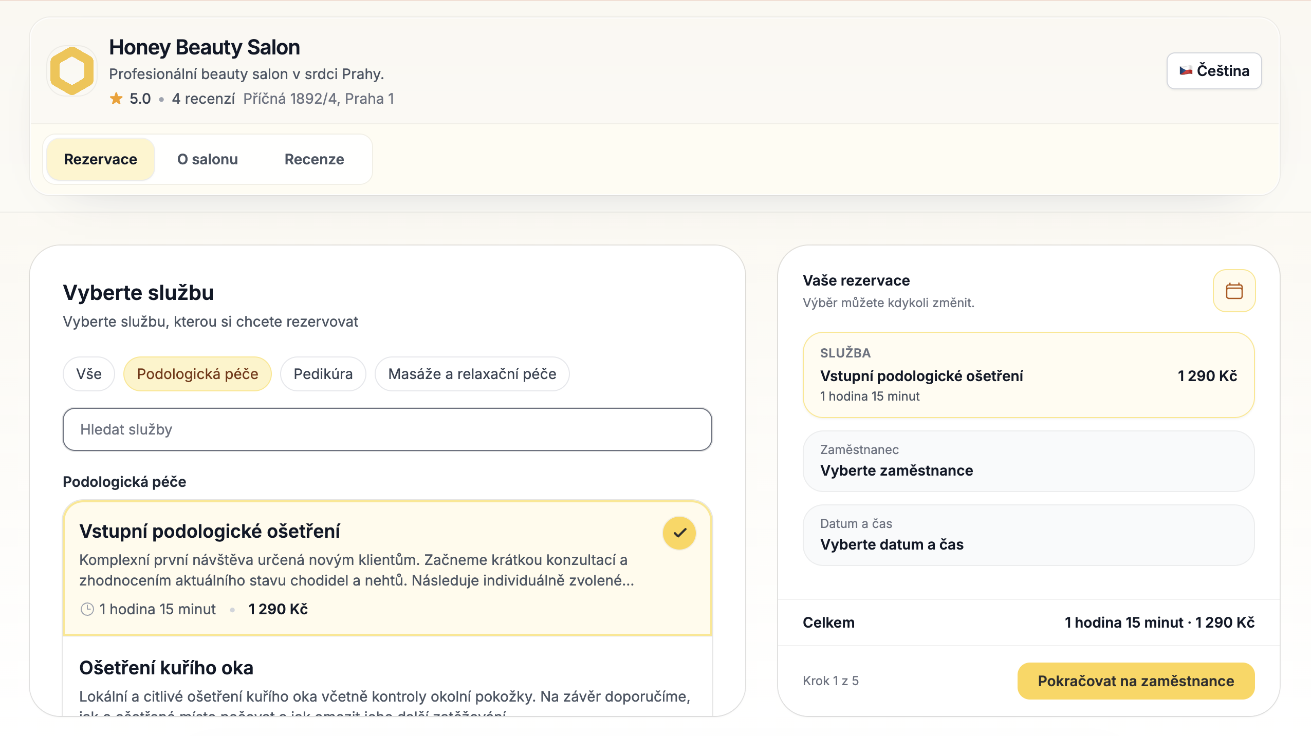 Honey online booking page in English